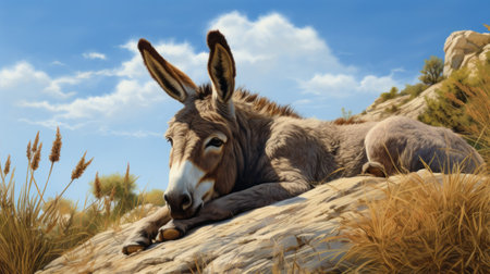 a donkey peacefully rests on a rock in this hyper-detailed rendering, showcasing elements of american scene painting and desertwave styles. the gentle expressions on the donkey's face add to the overall charm of the low-resolution image, while vibrant realism brings the scene to life. this wimmelbilder captures the serene beauty of the moment. ai generatedの素材