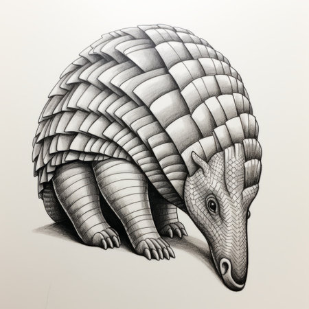 an armadillo drawing showcasing its eyes, nose, and head in a mosaic-inspired realism style. the clean and sharp inking technique adds depth to the artwork, reminiscent of jacek yerka's unique style. this piece captures the essence of classical proportions and evokes a sense of monumentality, similar to intricate paper sculptures or monumental ink paintings. the armadillo's features are intricately detailed, resembling the smooth texture ofの素材