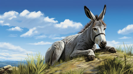 a donkey peacefully rests on the lush green grass in this highly detailed comic book-style artwork. created by renowned artists patrick brown, vincent desiderio, and george caleb bingham, this 32k uhd digital illustration captures the essence of the donkey's relaxation. the artwork showcases a unique blend of sharp and prickly elements, adding depth and texture to the scene. ai generatedの素材