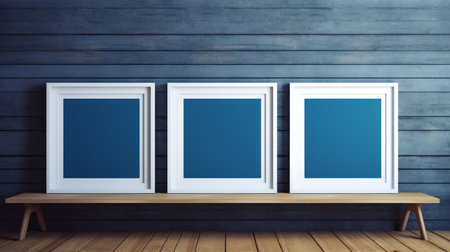 a sleek and modern frame mockup image featuring a single frame in a soothing sapphire color. the frame is elegantly placed on a wooden table, creating a minimal-style aesthetic. ai generatedの素材