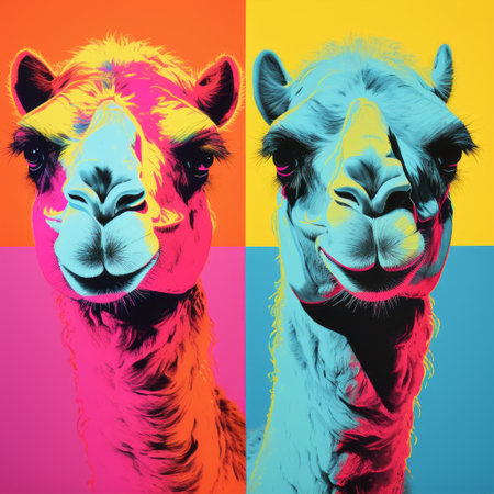 three camels are showcased in a vibrant pop art illustration, reminiscent of darktable processing and hyperrealistic animal portraits. the artwork draws inspiration from renowned artists such as guido van helten and aries moross, incorporating vivid color blocks and cross processing techniques to create striking pop-art portraits. ai generatedの素材