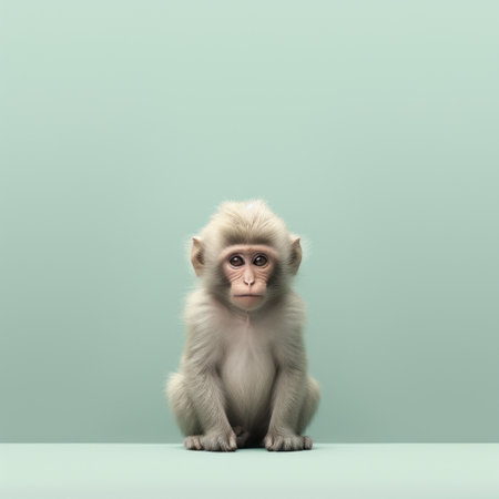 a little monkey perches on a small green wall, gazing curiously into the camera. this whimsical photograph captures the essence of color field minimalism, with its light pink and light gray tones. inspired by artists like charles spencelayh and sacha goldberger, the image exudes a sense of tranquility with its light white and turquoise hues. the composition showcases symmetry and balance, while the work ofの素材