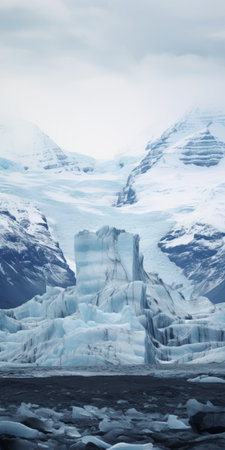 a mesmerizing photo of a glacier in iceland, surrounded by the snowy mountains of kangchenjunga and everest. the image captures the serene beauty of nature, with a touch of animated gif style. shot with a tamron 70-300mm lens, the minimalist typography adds a fantastic mr. fox-esque charm. the symmetrical arrangement and gothic metal grandeur create a captivating visual. don't miss the china tea sets, addingの素材