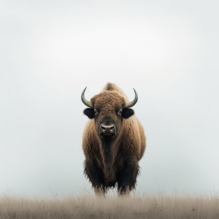 a majestic bull stands in a field, gazing into the distance. the photograph captures the essence of muted colorscape mastery, with a misty atmosphere adding to its allure. the image also showcases idealized native americans, minimalist photography, and spiky mounds, all in stunning 8k resolution. the bull's strong facial expression adds an extra layer of intensity to this captivating composition. ai generatedの素材