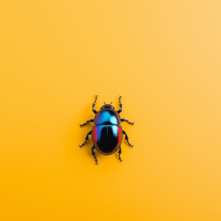 red and black bug on a bright neon yellow background, featuring a dark azure and azure color scheme. the photo showcases minimal retouching and clever use of negative space, with symbolic props. captured with a c-mount lens, the image incorporates light azure and amber tones, as well as hints of dark indigo and light gold. ai generatedの素材