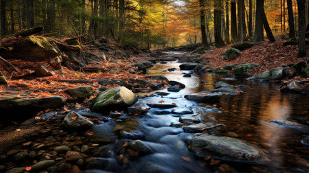 a stream flows gracefully beside a majestic tree, surrounded by warm color palettes. the intense and dramatic lighting enhances the scene, creating a captivating atmosphere. the post-processing adds a smooth and shiny effect to the image, while the use of the carl zeiss distagon t 15mm f/2.8 lens captures impressive panoramas. the overall matte finish of the photo adds to its artistic appeal. ai generatedの素材