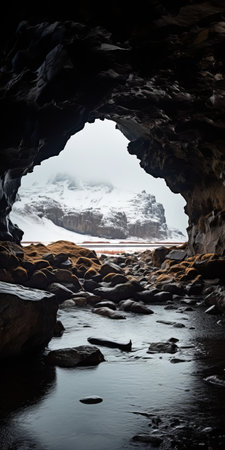 a stunning photo of a cave in iceland, located along the ulvikfjord road to the saser kangri ii. the image captures the majestic beauty of the kilimanjaro snowy range mountain in the background. the scene is enhanced by the presence of a cup of tilbuinn hot chocolate, creating a cozy atmosphere. the photo is presented in the style of animated gifs, showcasing the photographer's creativity.の素材