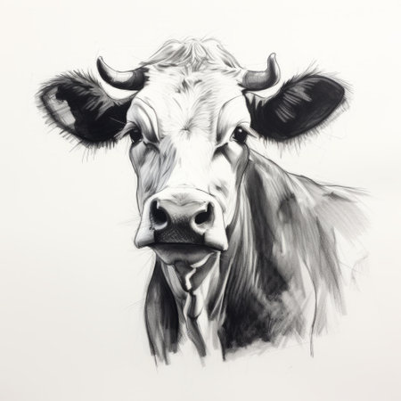 a black and white cow with big horns is depicted in this pencil on paper artwork. the cow's classical proportions and brushstroke-intensive style give it a minimalist and artistic feel. this high-definition image by scarlett hooft graafland showcases the beauty of the cow in a unique and captivating way. ai generatedの素材