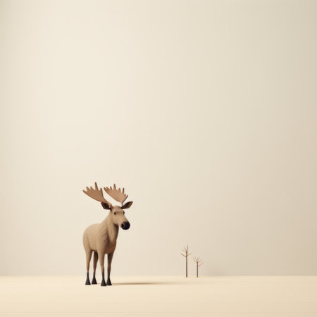 a wooden stag stands in a minimalist scene, rendered in cinema4d, against a white background. the style is reminiscent of storybook illustrations by mikko lagerstedt, featuring playful character design. the use of paper and minimal retouching adds to the overall aesthetic. ai generatedの素材