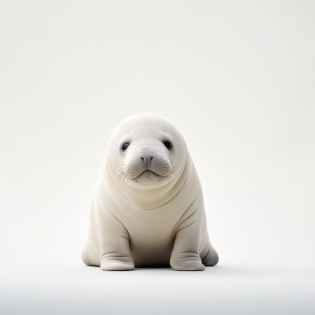 a cute newborn seal is captured in this national geographic photo. the seal is depicted on a white background, showcasing its detailed character design. the photo is in 8k resolution and features a minimalist ceramics style, creating a somber mood. the hard surface modeling technique adds depth and realism to the full body of the seal. ai generatedの素材