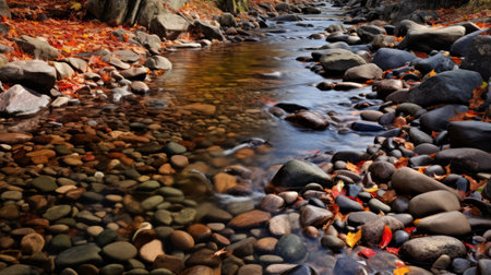 an orange river flows beneath a vibrant autumn-colored tree line, creating a picturesque scene on a serene lake. the photo captures the essence of tranquility with its shallow depth of field and fish-eye lens effect. influenced by zen buddhism, the image showcases the smooth and polished stones, while the colors of silver and red resemble gemstones. ai generatedの素材