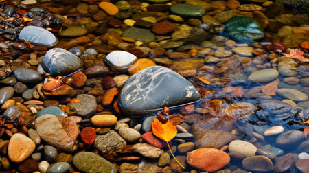 colorful stones, leaves, and water lilies create a vibrant scene in a mountain stream. the light gray and dark amber tones add a touch of elegance to this iconic rock and roll imagery. the clarity of form captured in this national geographic photo is enhanced by the vivid color contrasts of light sky-blue and amber. this found-object-centric composition is truly captivating. ai generatedの素材