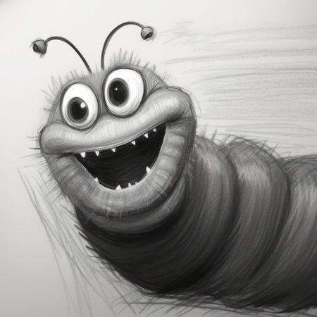 a funny drawing of a yellowish worm titled "hungry worm" in the style of zbrush. the monochrome toning and concise brushwork techniques bring out the character studies of this lively worm. captured with a sony alpha a1, the drawing showcases lively facial expressions in dark gray and light gray tones. ai generatedの素材