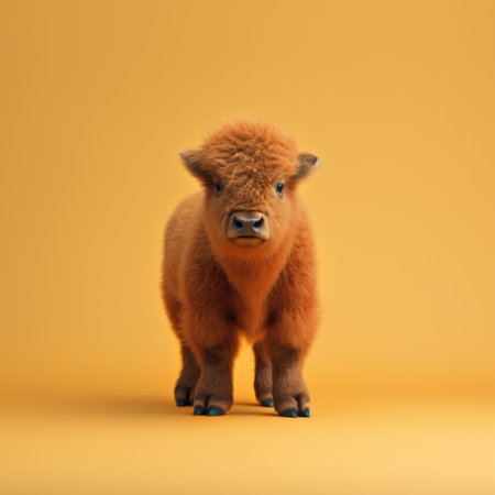 a small cow stands on a yellow surface, positioned to the far left. this hyperrealistic wildlife portrait showcases the minimalist graphic designer's talent in creating furry art using zbrush. the vibrant colors of crimson and amber add a cute and colorful touch to this babycore-inspired artwork. ai generatedの素材