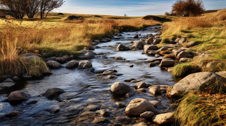 an oak creek meanders through the picturesque grassy plains, reminiscent of the enchanting scottish landscapes. the photo captures the essence of traditional british landscapes with its shallow depth of field, while also incorporating elements of georg jensen's artistic style. the primitivist elements and the influence of donald pass make this photo truly iconic. ai generatedの素材
