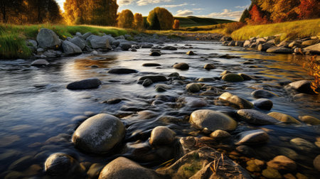 a stream flows gracefully through a picturesque landscape, surrounded by lush trees and vibrant grasses. bathed in the warm, golden light, this stunning scene captures the grandeur of nature. the image showcases the skillful use of focus stacking and realistic lighting techniques by photographer dima dmitriev. the stone elements add a touch of texture and depth to the overall composition. ai generatedの素材