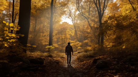 a person stands in the forest under an autumn sun, holding a torch. the photo captures an otherworldly landscape, with dark beige and amber tones. taken with a nikon d850 and a carl zeiss distagon t 15mm f/2.8 ze lens, the image showcases digital manipulation and creates tonal landscapes. this uhd image is a stunning visual representation of the scene. ai generatedの素材