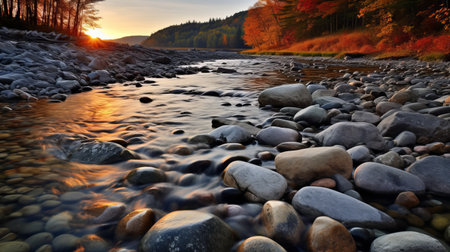 rocks on the river, captured with the zeiss batis 18mm f2.8 lens, showcasing the charming and idyllic rural scenes of norwegian nature. the rocks feature a beautiful combination of light red and gold tones, while the surrounding landscape is adorned with hints of light black and orange. the overall composition exudes a clean and streamlined aesthetic, with a touch of light gold and orange hues.の素材
