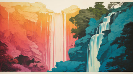 a photograph capturing a stunning waterfall surrounded by vibrant rocks in the style of paul catherall. the rocks display a beautiful combination of dark pink and light amber hues, reminiscent of david nordahl's large-scale brushstrokes. the image is enhanced with dark turquoise and light crimson tones, reminiscent of lith printing, creating vibrant color gradients. ai generatedの素材
