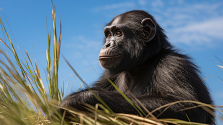 a black chimpanzee sitting in tall grass under a realistic blue sky. this close-up, digitally enhanced shot captures the intensity of the moment. taken with a sony fe 12-24mm f/2.8 gm lens, the candid image showcases the beauty and detail of the famous figure. shot in 500-1000 ce, this photo is a stunning example of ue5 technology. ai generatedの素材