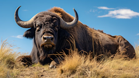 blue sky stretches above a lush grassy field, where a powerful bull stands in a serene waterhole. the captivating image captures the essence of the bull's strong facial expression. the vibrant colors of dark amber and purple add depth and intensity to the scene. this hyperrealistic wildlife portrait, taken with the samyang af 14mm f2.8 rf lens, showcases the artist's skill in creating idealized nativeの素材