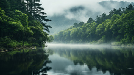 early morning mist blankets the serene forest of wolding river in korea's hancheongnam province. this captivating photo captures the beauty of nature with its reflections and mirroring effect. the lush shades of light green and green create a soothing atmosphere. shot with a nikon f2, this professional photograph showcases an eye-catching composition, making it a perfect addition to any collection. ai generatedの素材