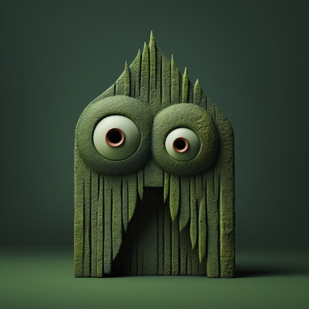 a close-up shot of a green bird figurine with painted eyes on its head, displayed on a letter board. the figurine is designed in the style of evgeni gordiets, clemens ascher, didier lourenco, concrete, inventive character designs, and spiky mounds. this unique piece showcases intricate details and creativity. ai generatedの素材