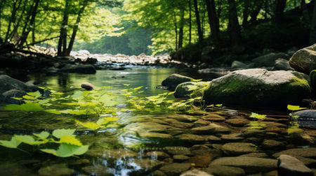 rustling leaves underfoot of wolding river korea and hancheongnam, captured in a mesmerizing photograph. the image showcases reflections and mirroring, with nature-inspired motifs in light green and green hues. shot with a nikon f2 camera, this 32k uhd photo features an eye-catching composition. a stunning example of professional photography, this image is perfect for manapunk enthusiasts and can be found on unsplash. ai generatedの素材