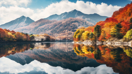 autumn mountain range of wolding river korea and hancheongnam captured in a stunning photograph. the image showcases reflections and mirroring, with nature-inspired motifs in light green and green hues. shot with a nikon f2 camera, this 32k uhd photo features an eye-catching composition that highlights the beauty of the landscape. a masterpiece of professional photography, perfect for manapunk enthusiasts. image courtesy of unsplash. ai generatedの素材