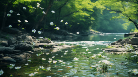 falling petals of wolding river korea and hancheongnam captured in a mesmerizing photograph. this stunning image showcases reflections and mirroring, with nature-inspired motifs in light green and green hues. shot with a nikon f2 camera, the 32k uhd resolution highlights the eye-catching composition. a masterpiece of professional photography, this captivating photo is courtesy of unsplash's talented manapunk. ai generatedの素材