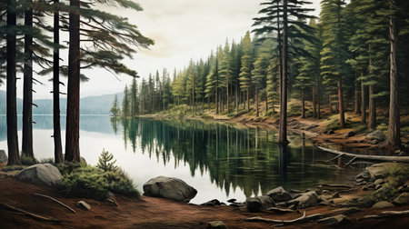 a painting of a lake surrounded by trees, in the style of realistic hyper-detailed rendering by kevin hill. the artwork is digitally enhanced, showcasing the wilderness and british topographical elements. it captures the essence of paleocore and hinchel, creating a captivating and immersive visual experience. ai generatedの素材