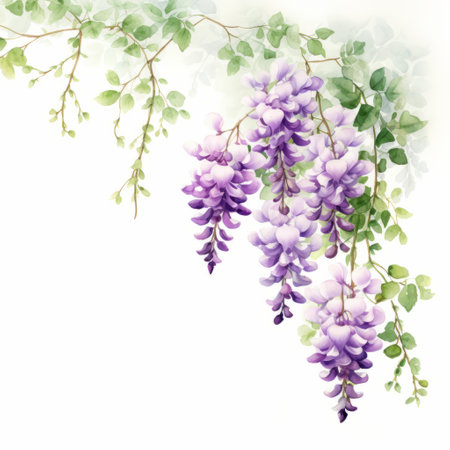 a vibrant watercolor painting of a wisteria flower branch with green leaves and shoots on a white background. the artwork showcases light purple and dark gold hues, with elaborate borders and meticulous design. the colors range from light violet and light red to light white and dark azure, creating a captivating and visually striking composition. ai generatedの素材