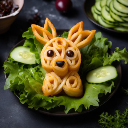 a potato shaped into a kangaroo in a bun, with an anime-inspired style and spiral patterns. the photo showcases selective focus, highlighting the intricate details of the potato sculpture. created by nusch luard using traditional vietnamese techniques, this innovative creation is made entirely of cheese. ai generatedの素材