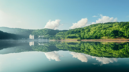 smoke rises from the chimneys of wolding river korea and hancheongnam, creating a mesmerizing reflection and mirroring effect. the nature-inspired motifs blend with shades of light green and green, capturing the essence of the scene. this stunning 32k uhd photograph was taken with a nikon f2, showcasing an eye-catching composition. it is a masterpiece of professional photography, perfect for manapunk enthusiasts. discover this captivating imageの素材