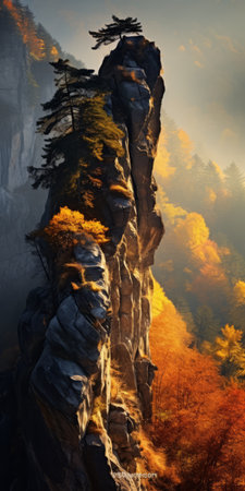 autumn in the mountains of asia captured in a stunning hd wallpaper. this photo showcases the unique juxtaposition of light and shadow, with jagged edges adding depth to the scene. with a resolution of 32k uhd, this national geographic photo resembles the beauty found in slovenian paintings. the dark gold and light amber hues create a sculptural landscape that is truly captivating. ai generatedの素材