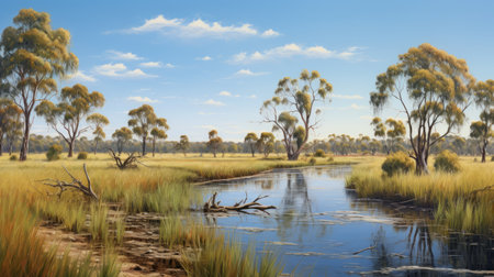 a group of tall grasses in the style of australian landscapes, featuring realistic and hyper-detailed renderings. the detailed hunting scenes and romantic riverscapes create a fantastic landscape with a flattened perspective, reminiscent of historical illustrations. ai generatedの素材