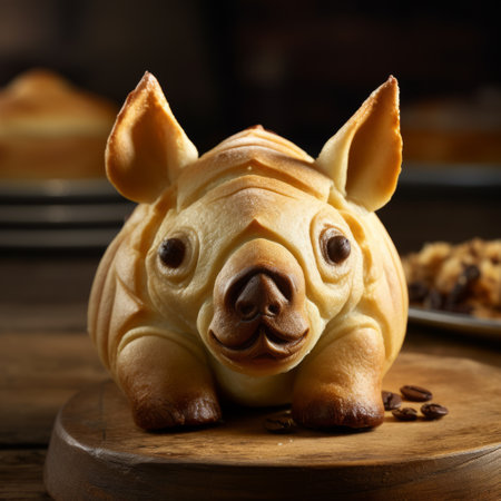 a photorealistic rendering of a pig pastry made into dough is showcased in this dark beige and light amber photograph. the image captures a brooding mood with its focus stacking technique, while incorporating elements of chinapunk and tabletop photography. the pastry's caricature faces add a playful touch to the overall composition. ai generatedの素材