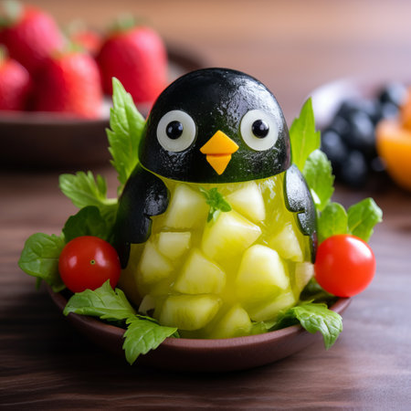 a pineapple sits in a black bowl, accompanied by fresh mint leaves and juicy strawberries. the arrangement resembles imaginative creatures, with cheese and avocado forming a punk-inspired design. the bowl is made of glass, adding a touch of elegance. brightly colored birds add a vibrant pop of color to the scene. the image showcases focus stacking techniques, resulting in a beautifully rounded composition. ai generatedの素材