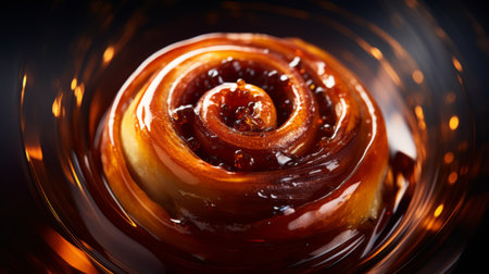 a coffee bun with icing sits in the foreground, while a swirly shape in the background adds a touch of elegance. the dark amber color scheme enhances the traditional essence of the image. this high-resolution photo showcases the shiny, glossy texture of the bun, with blurred forms adding a baroque touch. the zone focusing technique ensures that the main subject is in sharp focus. aiの素材