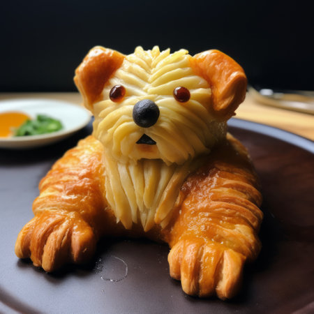 a dog-shaped crust cut into a tao sandwich sashimi, featuring bold, manga-inspired characters and art deco sensibilities. this unique creation combines thai art influences with fluid and dynamic lines, showcasing the technique of focus stacking. the design also draws inspiration from bamileke art and the vibrant energy of beijing's east village. ai generatedの素材