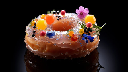 donut with icing surrounded by small fruits and vegetables, in the style of translucent resin waves, against a black background. this unique artwork by peter lippmann is made of flowers, water drops, and incorporates elements of party kei and neogeo. ai generatedの素材