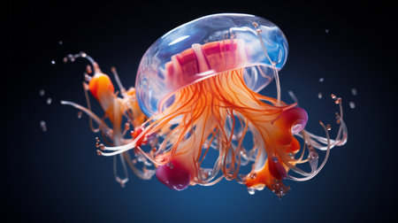 jellyfish mobile wallpaper backgrounds featuring detailed anatomy and rendered in the style of cinema4d. these contemporary animal sculptures showcase a dark azure and orange color palette, with a touch of light magenta. the tilt-shift lenses add a unique perspective to these fantastical contraptions. ai generatedの素材