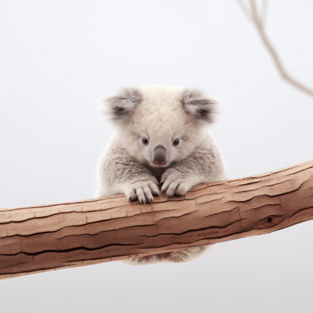 a koala perched on a tree branch, captured in a minimalist background with a soft-focus technique. this high-quality national geographic photo showcases the adorable toy-like sculptures of the white and gray koala. the image is presented in 8k resolution, allowing for stunning detail and clarity. ai generatedの素材