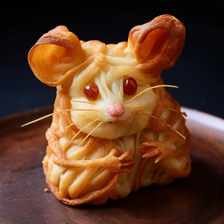 a big mouse-shaped object sits atop a cheese pizza plate, showcasing the artistic styles of miki asai, fantastic grotesque, traditional vietnamese, johnson tsang, texture, medardo rosso, and luminous sfumato. ai generatedの素材