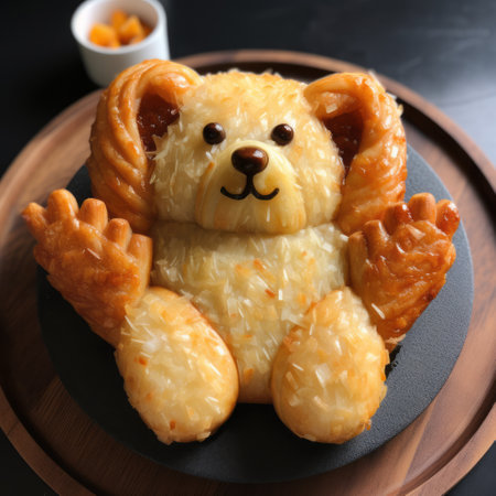 a black plate showcases a visually appealing cake with a delightful surprise - an adorable animal hidden inside. the cake is beautifully crafted in the style of light amber and gongbi, featuring creased textures and a light orange hue. the 3d effect adds depth to this captivating tabletop photography. ai generatedの素材