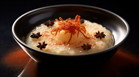 a bowl of rice, inspired by the artistic style of bastien lecouffe-deharme, is beautifully presented with rich layers. the black background enhances the visual appeal, while caras ionut's touch adds a light amber hue. this captivating image captures the essence of beijing's east village. ai generatedの素材