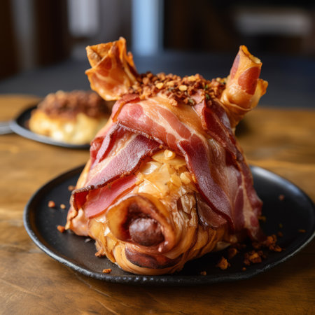 a photo of a sculpted form of pork fried in mustard with bacon, bacon, and truffles from the american eats. the dish is presented in a cryptopunk style, with distinct framing and iconic elements. the pork is wrapped and has a necropunk and hatching design, adding a unique touch to the overall presentation. ai generatedの素材