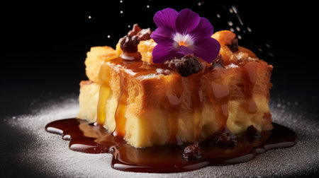 creme patisserie, a delectable dessert dish, is captured in this stunning national geographic photo. the image showcases the dessert in the style of realistic still lifes, with dramatic lighting that casts a dark amber hue. the composition features quadratura techniques, highlighting the melting texture of the creme patisserie. beautiful flower and nature motifs add an enchanting touch, while a cranberry core adds a burst ofの素材