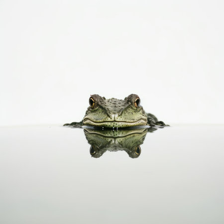 the frog gazes upwards, its eyes fixed on the water's surface, as if searching for a presence. this studio photograph captures the essence of new york city, with its minimalistic portrait style and a mirror reflecting the surroundings. the image, reminiscent of an associated press photo, showcases balanced proportions and evokes a sense of intrigue. ai generatedの素材