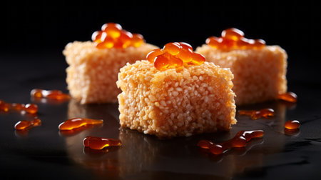 taro japanese desserts captured with the samyang 14mm f2.8 if ed umc aspherical lens. the photo showcases a dark orange color with intense and dramatic lighting. the pointillist seascapes made of crystals add an eye-catching detail to the composition. shot with a rollei prego 90 camera. ai generatedの素材